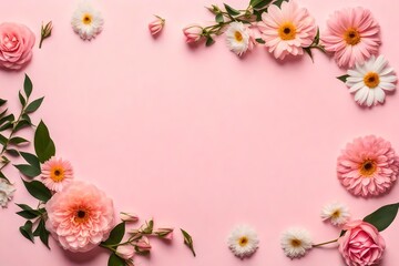 Naklejka na ściany i meble colorful flowers on pink background, mockup photo frame, card mockup