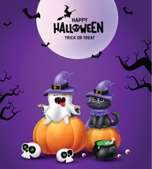 Halloween ghost character vector design. Happy halloween text with cute kitten character seating in pumpkin elements in full moon night background. Vector illustration trick or treat card.  
