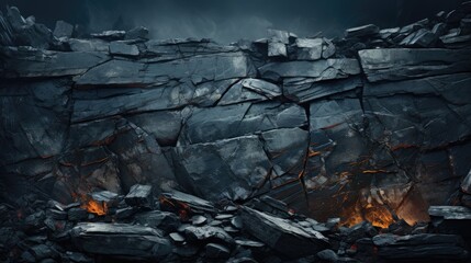 a pile of rocks with a fire burning in the middle of it and a black background with a few rocks on it and a few rocks on the ground with a fire in the middle., ai, Generative