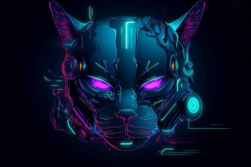 Futuristic neon cyber cat in cyberpunk style on a black background. Night lights glow, digital art, robot hacker, image is AI generated. Future technologies. Creative character logo.