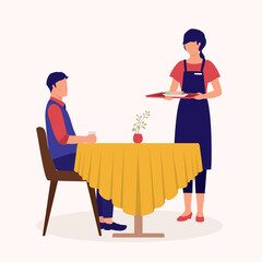 Young Waitress With Apron Serving Food To A Man Sitting At The Dinner Table. Full Length. Flat Design.