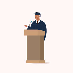 One Smiling Black Senior Man In Graduate Gown And Mortarboard Standing At A Podium Giving Speech.