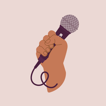 A Person’s Hand Holding A Microphone. Close-Up. Flat Design.