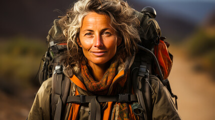 Fototapeta premium Inspiring portrait of an adventurous 50-year-old woman in hiking gear, ready for exploration holding map and compass against a plain studio background.