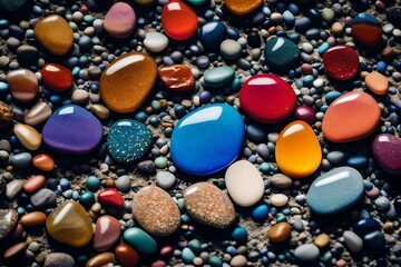 Obraz na płótnie Canvas colorful pebbles on a beach with sand, beautiful background