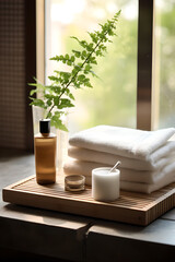 Fototapeta na wymiar Ceramic soap, shampoo bottles and white cotton towels with green plant on a tray on a table, in the style of lush scenery,