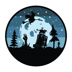 blue halloween landscape with a witch on a broomstick and a cat vector silhouette