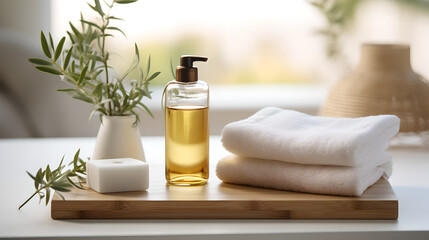 Ceramic soap, shampoo bottles and white cotton towels with green plant on a tray on a table, in the style of lush scenery,