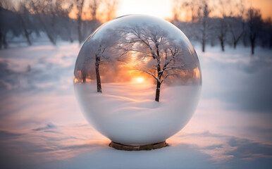 Fototapeta na wymiar Beautiful snow fall in sunset scene in transparency ball, AI generated