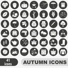 Autumn time. Autumn icons set. Set of white hollow autumn icons in a dark circle. Autumn bright icons. Vector illustration.