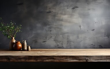 Empty wooden table and vase on grunge background. Mock up, 3D Rendering