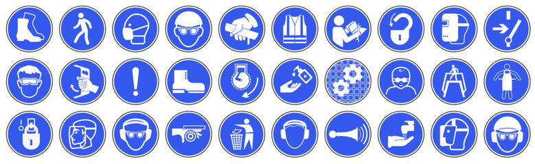 Mandatory signs in production. Used for industrial purposes to protect against injury. Vector graphics.