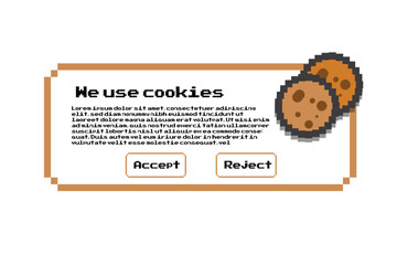 Pixel art 8 bit.protection of personal information cookie mascot character with internet web pop up we use cookies policy notification
