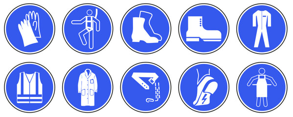 Mandatory signs in production. Used for industrial purposes to protect against injury. Vector graphics.