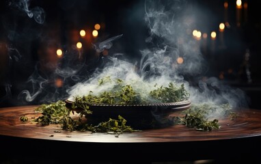 Wooden table and smoke on black background. High quality phot