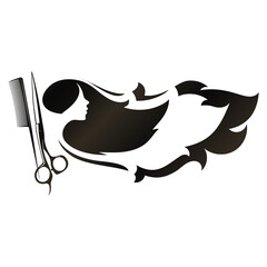 Scissors comb and woman with curls of hair. Design for beauty and hair salon