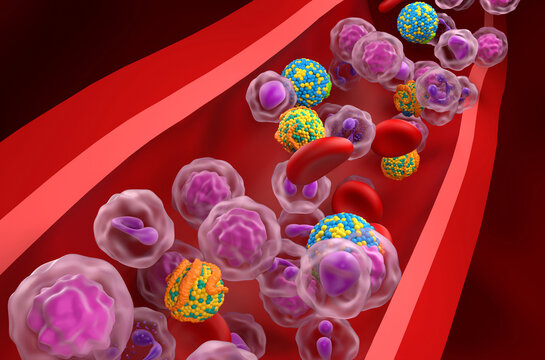 HDL (good) and LDL (Bad) lipoprotein (cholesterol) in the blood flow - Closeup view 3d illustration