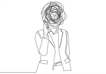 Continuous one line drawing of man head with messy thoughts worried about bad mental health. Problems, stress, headache and grief concept in doodle style. Linear Vector illustration