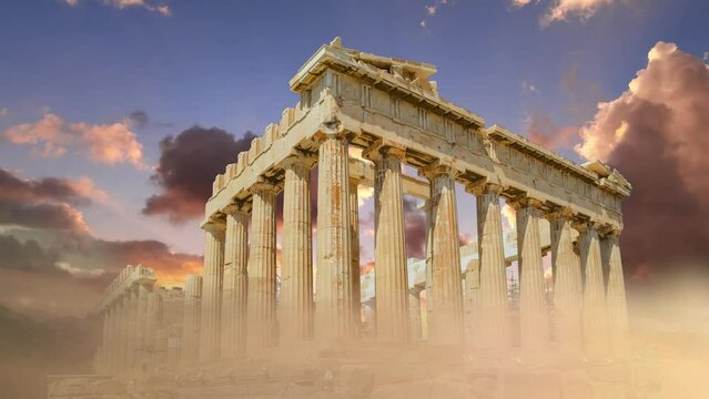 greece parthenon in athens ancient monument among dramatic  scene of clouds