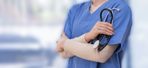 Close up of a professional female doctor, nurse in uniform with a stethoscope, isolated on white background, healthcare workers concept. 