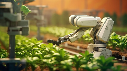 Agricultural technology concept, Smart farm and Automatic robot mechanical arm harvesting vegetables.generative ai