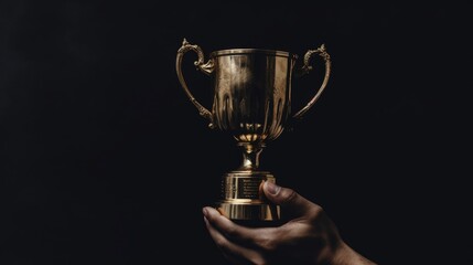 Hand holding up a gold trophy cup against dark background - obrazy, fototapety, plakaty