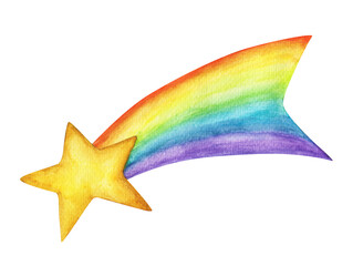 Magic stars, meteors, rainbows, comets. Watercolor illustration.