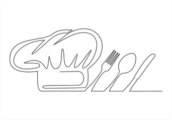 One single line drawing of chef hat or cap with fork, spoon and knife for restaurant vector graphic illustration. Elegant cafe badge concept. Modern continuous line draw design street food logotype