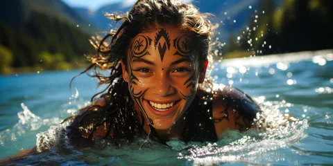 Fotobehang Exhilarating depiction of a jubilant Maori teen diving into clear blue river waters in New Zealand, traditional tattoo on arm showcasing indigenous heritage. © XaMaps