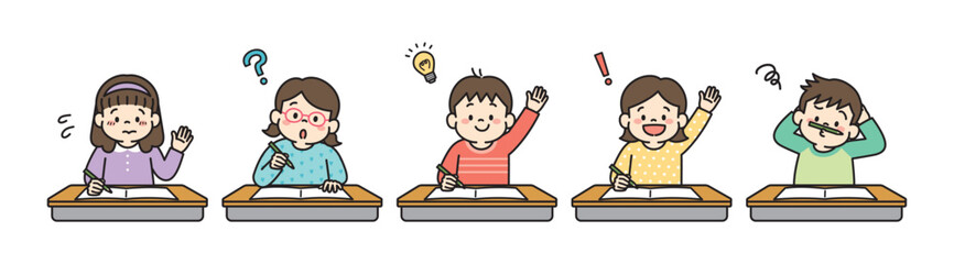 教室で授業を受ける様々な子供達のイラスト
