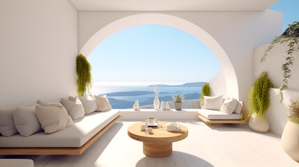 Luxury apartment terrace Santorini Interior of modern living room sofa or couch. AI Generative