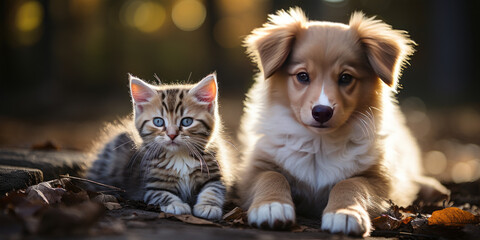 a kitten on a baby golden retriever, happy and charming and warming house.