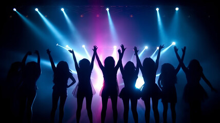 Team. A crowd of people in silhouette raises their hands on dancefloor on Concert light background.