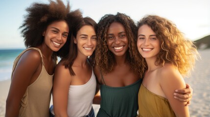 Obraz premium portrait shot of Young women friend casual cloth smiling on beach multiethnic female woman friend happiness cheerful on the sand beach ocean