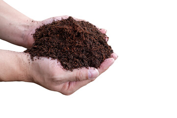 Hand holding fertile black soil. Agriculture isolated PNG File, organic gardening, planting or ecology concept. Environmental, earth day. Banner. Top view. Copy space. Farmer checking before sowing