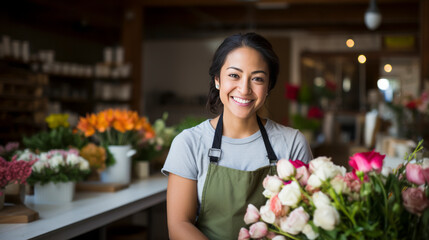 young adult woman sales flowers in flower shop. Happy smiling mature florist woman having eyeglasses and working at flower shop,ai generate - obrazy, fototapety, plakaty