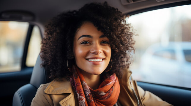 Cheerful young female sitting in car on passenger seat and looking out open window while enjoying purchase in dealership woman smiling seat in car daylight,ai generate