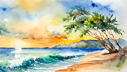 Fototapeta na wymiar 南の島のビーチと夕焼けに染まる空の水彩画。 画像生成AI。 