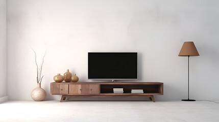 Tv on the cabinet in modern living room on white wall, 3d rendering