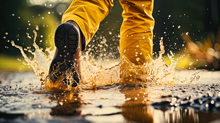 Close-up of legs of person in wellington boots splashing in rain puddles