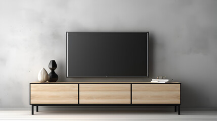 Tv on the cabinet in modern living room on white wall, 3d rendering