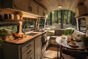 Kitchen interior in recreational vehicle.