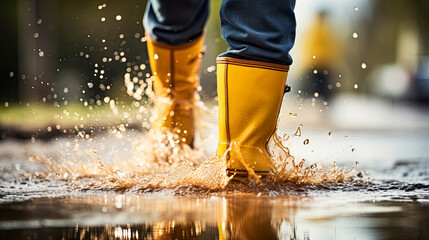Close-up of legs of person in wellington boots splashing in rain puddles