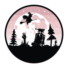 pink halloween landscape with a witch on a broomstick and a cat vector silhouette