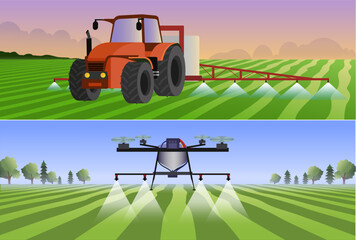 tractor spraying pesticide, drone spraying fertilizer in farm field vector illustration, agriculture industry website concept - obrazy, fototapety, plakaty