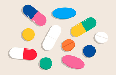 PrintColorful pills. Concept of medicine for patient, treatment, medication, health care, hospital, pharmacy. Colorful vector illustration