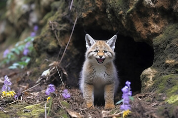 Naklejka na ściany i meble Enthralling depiction of a curious lynx cub playfully exploring the vibrant Jura forest floor, its innocence coupled with the colorful wildflowers and nature.