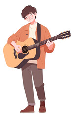 Young man playing guitar cartoon isolated.