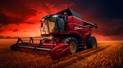 Obraz premium red combine harvester, field of wheat,night time harvest