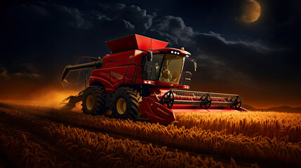 red combine harvester, field of wheat,night time harvest